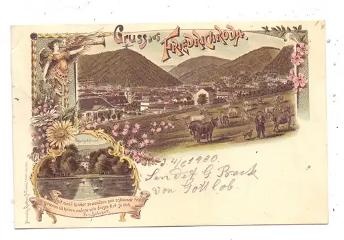 0-5804 FRIEDRICHRODA, Lithographie 1900, Reinhardsbrunn, Gesamtansicht mit Kuhhirten und Kuhherde