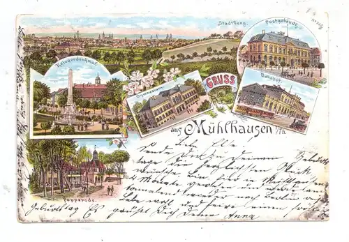 0-5700 MÜHLHAUSEN, Lithographie 1897, Bahnhof, Post, Gymnasium, Popperode, Kriegerdenkmal, Gesamtansicht