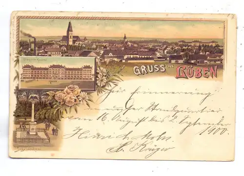 NIEDER - SCHLESIEN - LÜBEN / LUBIN, Lithographie 1900, Dragoner Kaserne, Siegesdenkmal, Gesamtansicht