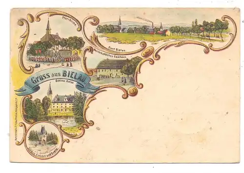 OBER-SCHLESIEN - ..BIELAU / BIALA NYSKA, Lithographie, Gasthaus, Schloss, Pfarrkirche, Dorf, 1901