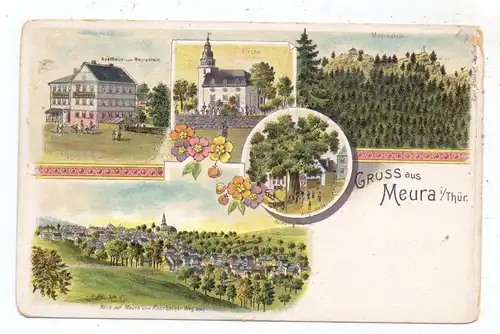 0-6421 MEURA, Lithographie, Gasthaus zum Meurastein, Kirche, Meurastein, Dorfansicht