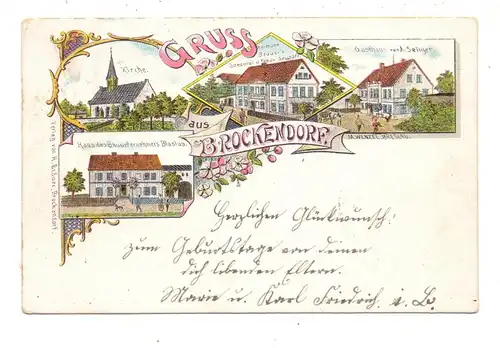 NIEDER - SCHLESIEN - BROCKENDORF / BROCHOCIN, Lithographie 1899, Bauunternehmer, Gasthaus, Specerei, Kirche