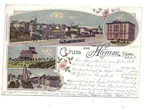 NIEDER - SCHLESIEN - HAYNAU / CHOJNOW, Lithographie 1898, Bahnhof, Hopfenberg, Markt, Stadthaus