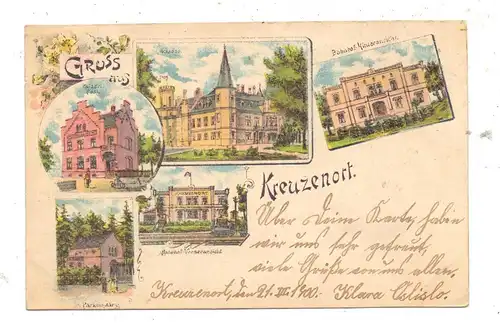OBER-SCHLESIEN - KREUZENORT / KRZYZANOWICE, Lithographie 1900, Bahnhof, Post, Schloß, Parkeingang