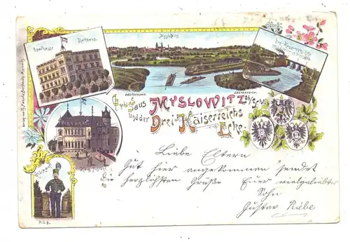 OBER - SCHLESIEN - MYSLOWITZ / MYSLOWICE, Lithographie 1899, Drei-Kaiser-Ecke, Sparkasse, Rathaus, Kaiserl. Postamt..