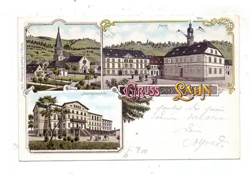 NIEDER - SCHLESIEN - LÄHN / WIEN, Lithographie 1900, Markt mit Gasthaus, Naturheilanstalt, Kirche und Umgebung