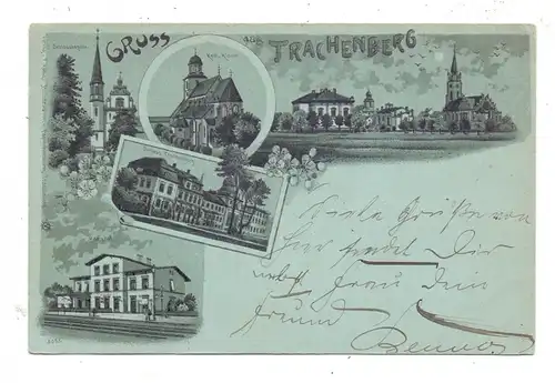 NIEDER-SCHLESIEN - TRACHENBERG / ZMIGROD, (Trebnitz), Lithographie, Bahnhof, Kirche, Schloß, Mondschein-Karte