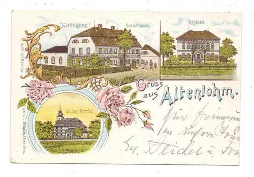 NIEDER - SCHLESIEN - ALTENLOHM / STARY LOM, Krs. Goldberg, Lithographie, Jüngling's Gasthaus, Kirche, Schloss