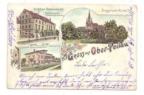 NIEDER-SCHLESIEN - OBER-PEILAU / PILAWA GORNA, Lithographie 1899, Gasthof zum Norddeutschen Hof, Bahnhof, Kirche
