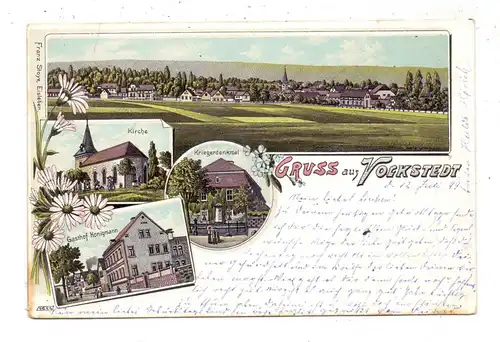 0-4250 EISLEBEN - VOLKSTEDT, Lithographie 1899, Gasthof Honigmann, Kirche, Kriegerdenkmal, Gesamtansicht
