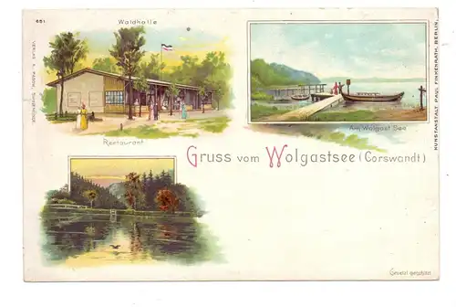 0-2251 KORSWANDT, Wolgastsee, Lithographie, Waldhalle, Restaurant, Seeansicht, ca. 1905