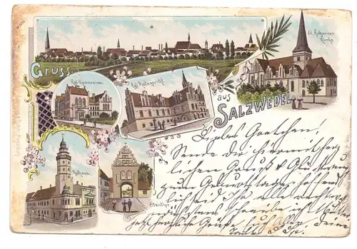 0-3560 SALZWEDEL, Lithographie, Rathaus, Steinthor, Amtsgericht, Gymnasium..., 1899, Druckstelle