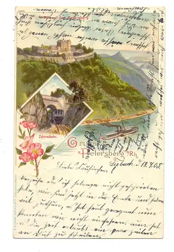 5330 KÖNIGSWINTER, Lithographie, Gruss vom Petersberg, Hotel auf dem Petersberg, Drachenfels Zahnradbahn, Brfm. entfernt