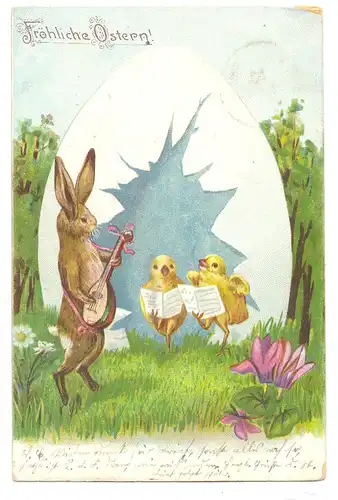 OSTERN - Hase mit Mandoline mit zwei singenden Küken, 1904, Eckknick