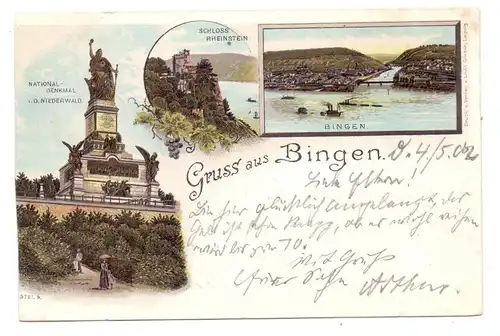 6530 BINGEN, Lithographie, Gruss aus..., 1902, lk. Rand beschnitten