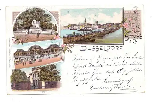 4000 DÜSSELDORF, Gruss aus... Litho, 1898, Malkasten, Bahnhof, Krieger-Denkmal, Rhein-Brücke