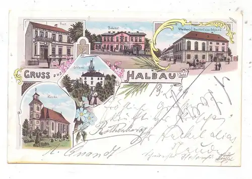 NIEDER - SCHLESIEN - HALBAU / ILOWA, Kreis Sagan, Lithographie 1899, Gasthaus, Bahnhof, Post, Kirche, Schloss