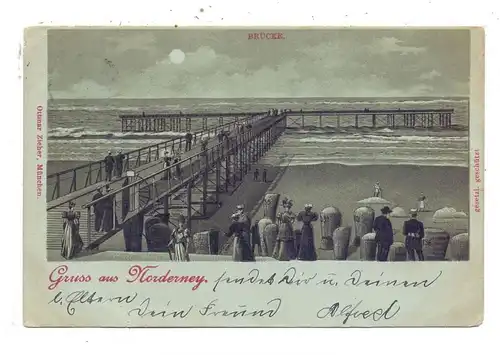 2982 NORDERNEY, Seesteg, Litographie, 1908, Mondschein-Karte