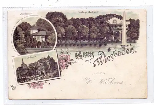 6200 WIESBADEN, Lithographie 1894, Kurhaus, Trinkhalle, Musiktempel, frühe Karte