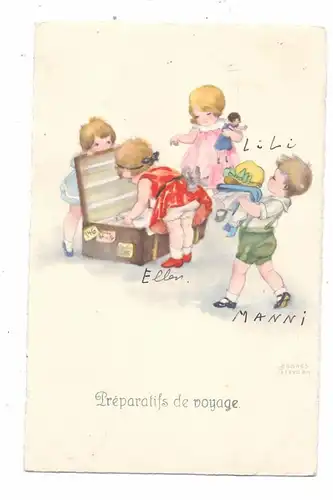 KINDER - Künstler - Karte HANNES PETERSEN, 4 Kinder beim Koffer packen