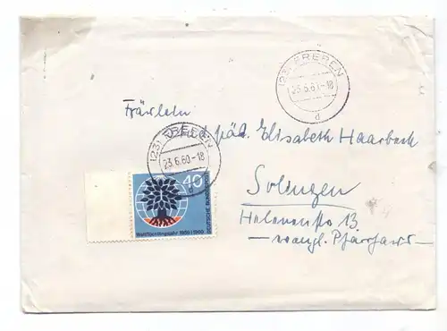 BUND, 1960, Michel 327 Weltflüchtlingsjahr, Einzel-Frankatur von Freren nach Solingen