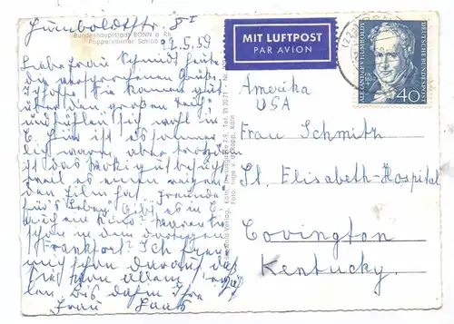 BUND, 1959, Michel 309 von Humboldt, Luftpost-AK in die USA