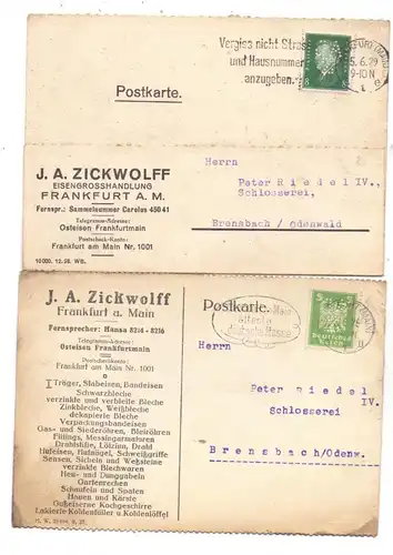 6000 FRANKFURT, Fa. Zickwolff, Eisengroßhandlung, , 2 Firmen-Postkarten mit Firmenlochung / Perfins, 1926 / 29