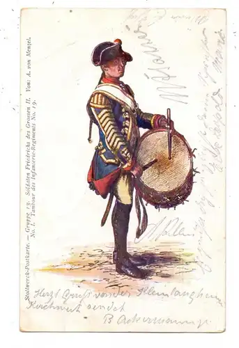 MILITÄR - UNIFORM, Stollwerck-Karte, Soldaten Friedrich des Großen, Tambour des Inf. Regt. Nr. 19, 1902, kl. Druckstelle