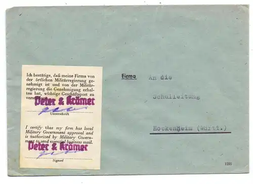 8721 SCHWEBHEIM, POSTGESCHICHTE, Zulassungs-Vignette zum Briefverkehr, Fa. Peter & Krämer