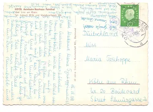 5464 ASBACH - NEUSTADT - FERNTHAL, Autobahn-Rasthaus, Landpoststempel Neschen über Linz, 1959