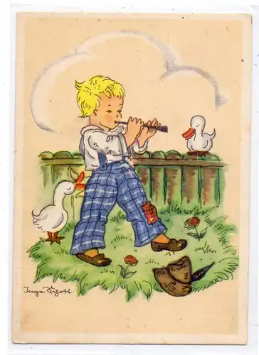 KINDER - Künstler-Karte Inge Sigott, Junge mit Flöte und Enten