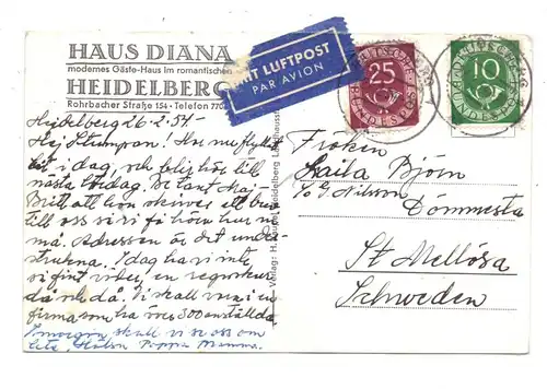 6900 HEIDELBERG, Hotel Diana, Luftpost-AK nach Schweden, 1954