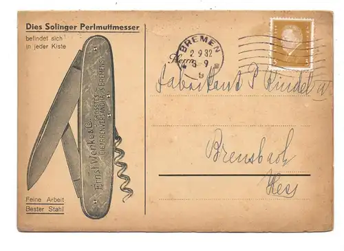 2800 BREMEN, Werbe-Klapp-Karte Fa. Zigarren Wenke, Angebot Zigarren und Solinger Perlmuttmesser, 1932