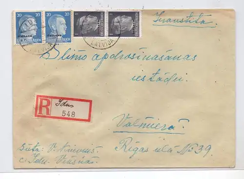 LATVIJA / LETTLAND - 1944, ziviler R-Brief, Michel Ostland 1 (2) & 11 (2), 2.6.44, IDUS, handgeschr. R-Zettel