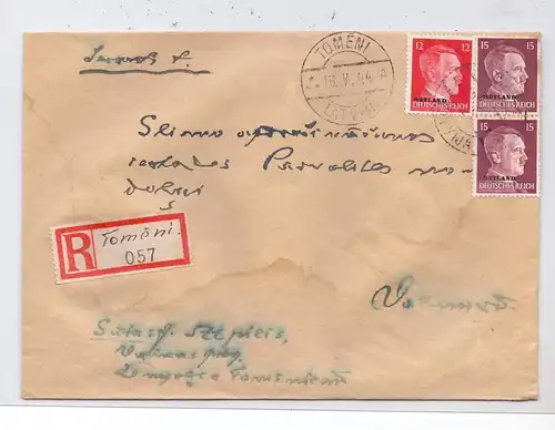LATVIJA / LETTLAND - 1944, ziviler R-Brief, Michel Ostland 8 & 9 (2), 16.5.44 Tomeni, handgeschr. R-Zettel, kl. Wasserfl