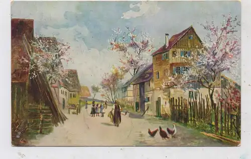 LANDWIRTSCHAFT - Bauerndorf Strassenpartie, Künstler-Karte1909