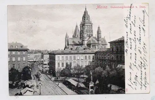 6500 MAINZ, Gutenbergdenkmal, Dom, Pferdestrassenbahn, Fa. Sieberling, Bahnpost Cöln-Aschaffenburg