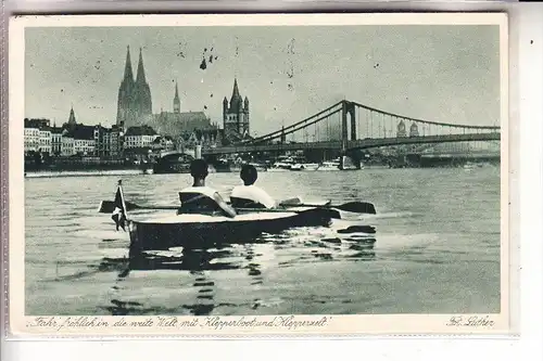 SPORT - RUDERN, PADELN, Werbe-Karte Klepperboot & - zelt, vor Kölner Panorama, 1933