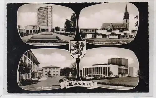 4670 LÜNEN, Stadthaus, Mädchengymnasium und Kirche, Stadtbad, Stadttheater