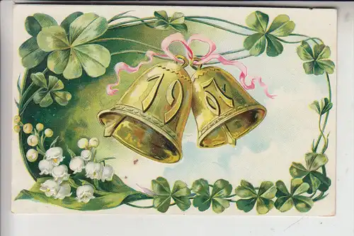 NEUJAHR - Jahreszahl 1907 - geprägt / embossed / relief -Glocken-Kleeblatt-Maiglö ckchen