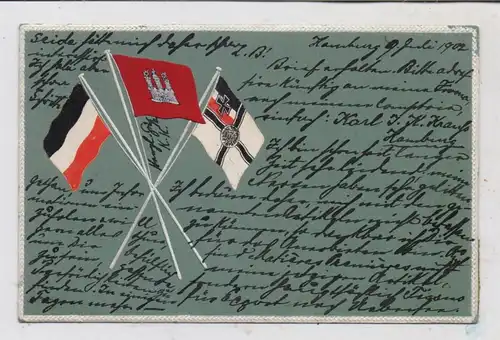 2000 HAMBURG, Stadtwappen, Fahne des Kaiserreichs und der Kriegsmarine, 1902, Präge-Karte / embossed. relief