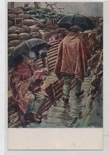 MILITÄR - 1.Weltkrieg, Englische Soldaten bei Regenwetter in ihren Schützengräben, Künstler-Karte