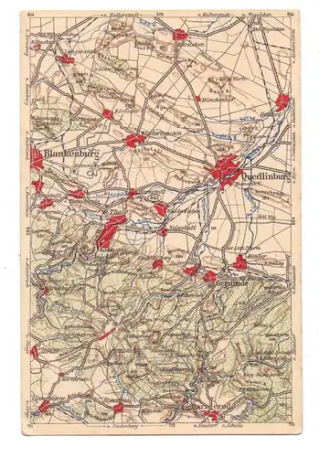 0-4300 QUEDLINBURG und Umgebung, frühe Landkarte, Blankenburg, Thale, Gernrode, Harzgerode...