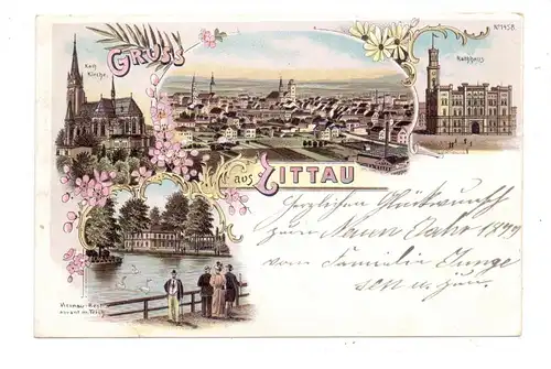 0-8800 ZITTAU, Lithographie 1899, Meinau Restaurant, Kath. Kirche, Rathaus, Gesamtansicht