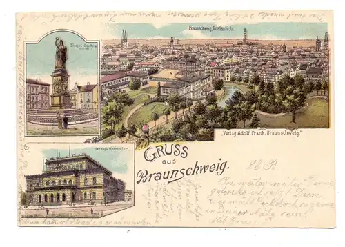 3300 BRAUNSCHWEIG, Lithographie, 1899, Hoftheater, Sieges-Denkmal, Totalansicht