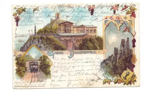 5330 KÖNIGSWINTER ,Lithographie 1900, Hotel auf dem Drachenfels, Drachenfelsbahn -Zahnradbahn auf den Drachenfels, Ruine