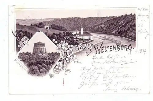 8420 KELHEIM - WELTENBURG, Lithographie 1897, Kloster und Befreiungshalle