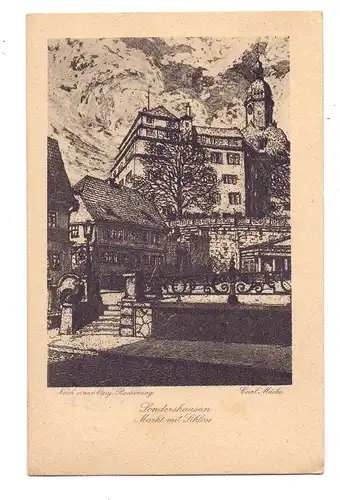 0-5400 SONDERSHAUSEN, Markt mit Schloss, Künstler-Karte Curt Mücke, 1924