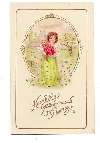 GEBURTSTAG - Mädchen mit Blumenstrauss, geprägt / embossed / relief, 1917