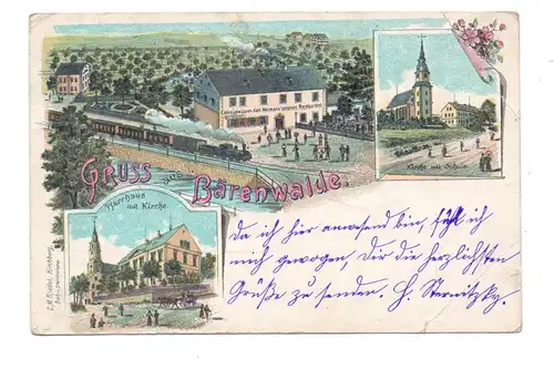 0-9501 BÄRENWALDE, Lithographie 1899, Colonialwaren - Restaurant Leitner, Eisenbahn, Kirche, Pfarrhaus, Eckmängel